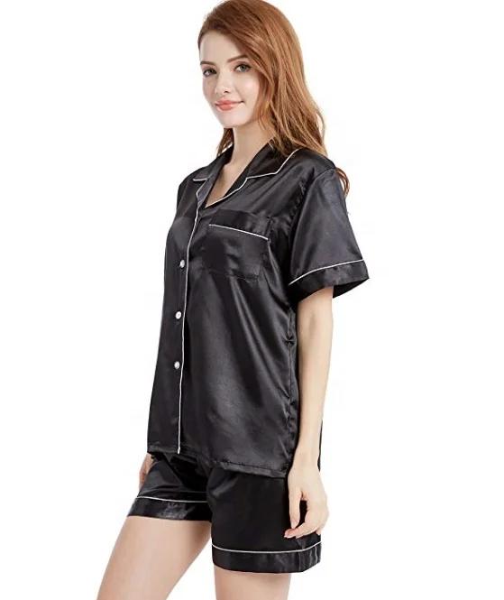 Womens Satin Silk Pajama Sets Short Sleeve Pyjama Sleepwear Homewear Night Wear Robe