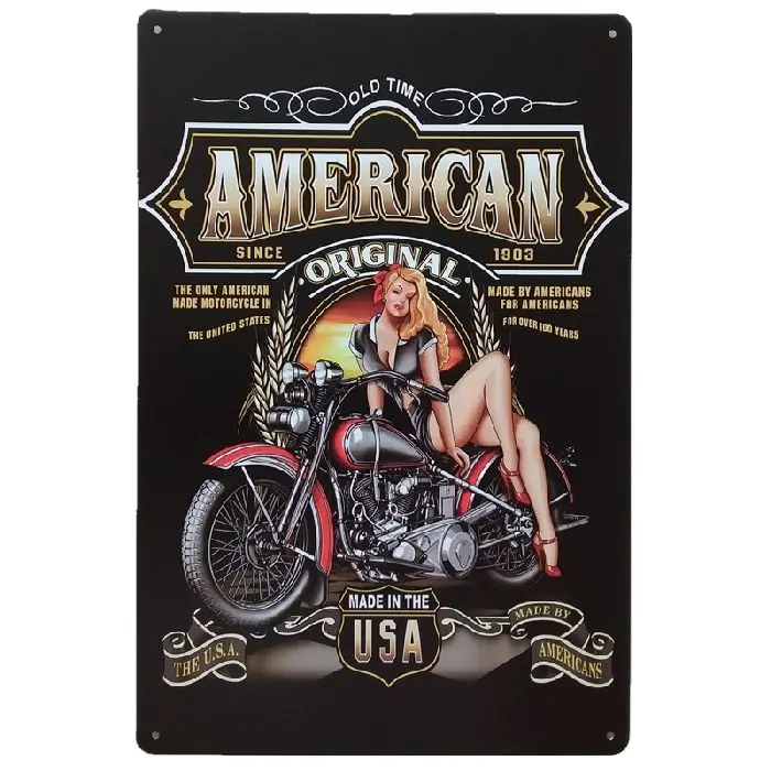 Motorcycle Made in the USA Younger Decor  Metal Vintage Tin Poster  Cafe Bar Garage Restaurant Bathroom Art Man Cave Pin up Girl