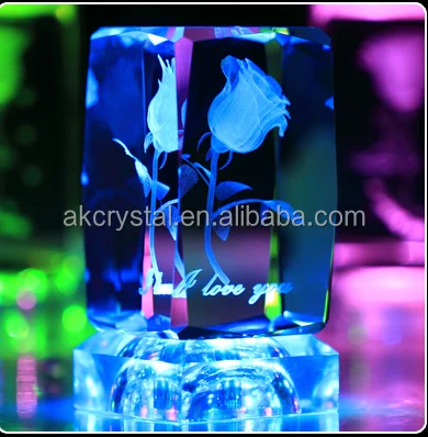 Wedding favors or Christmas Decoration Gifts 3D Laser rose  Engraved Crystal Block with led light base