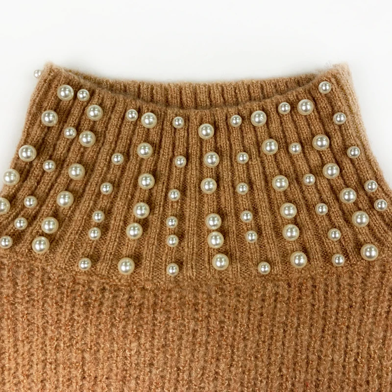 
OEM factory custom solid color sequin beads half collar knitting long sleeve alpaca women sweater with peraly 