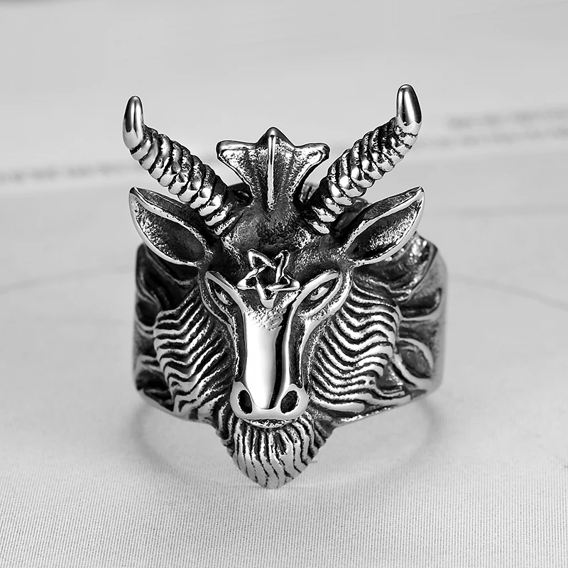 316L Stainless Steel Personality Domineering Halloween Long Horn Satan Ram Goat Ring Vintage Biker Pentagram Male Jewelry