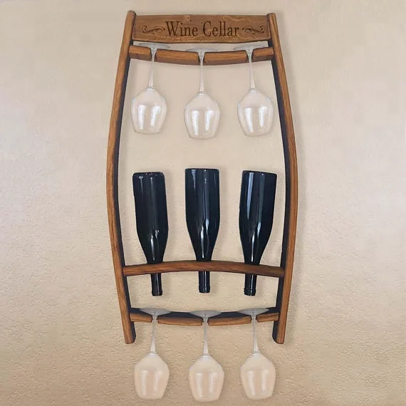 2024 Custom logo wall mounted vintage wooden wine bottle barrel rack wood glass holder