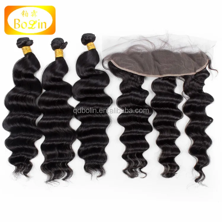 Brazilian Hair loose deep wave virgin human hair  Bundles with 13x4 Lace Frontal Closure Remy Human Hair 3 Bundles With Frontal