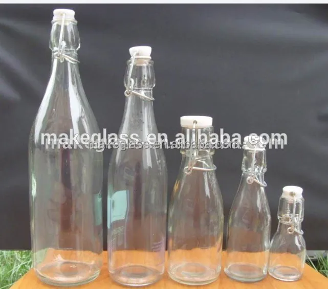 food grade round color glass bottle with clip swing plastic lid lid , glass storage bottle for beer and juice