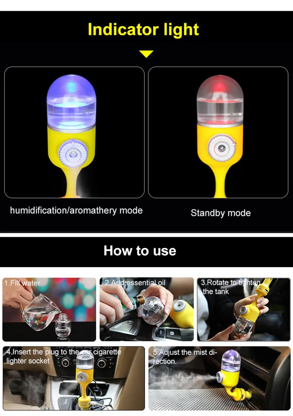 Cute car humidifier with aroma diffuser oil diffuser for car perfume diffuser