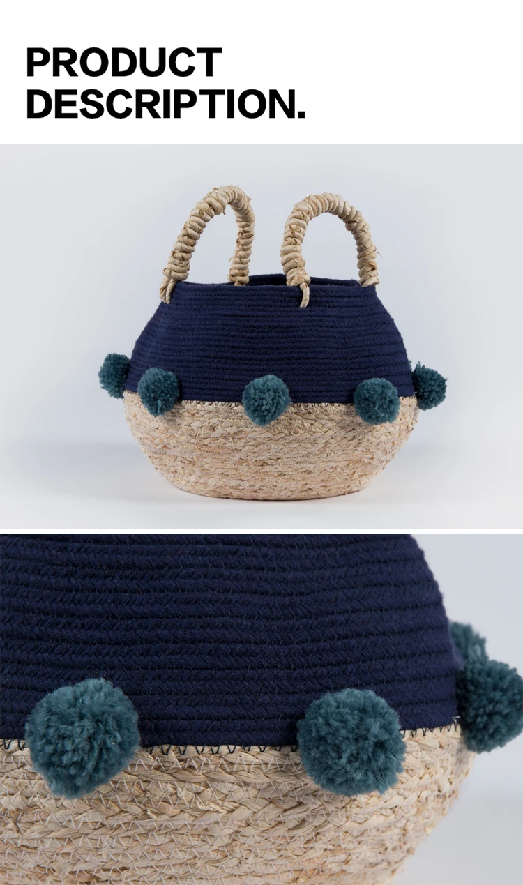 Rope Baskets Handmade Woven Pompom Large Foldable Straw Seagrass Belly Laundry Storage Cotton Household as Photo
