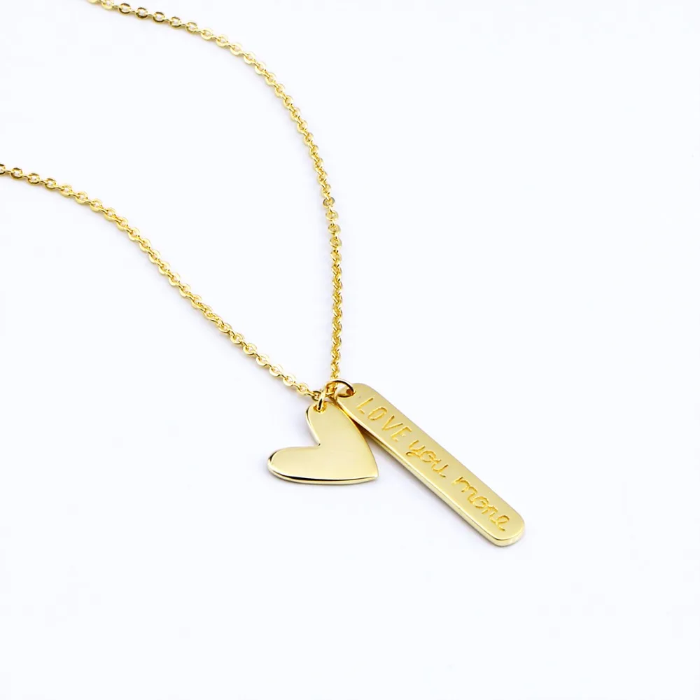 dubai gold plated jewelry handmade heart and engraved bar pendant necklace