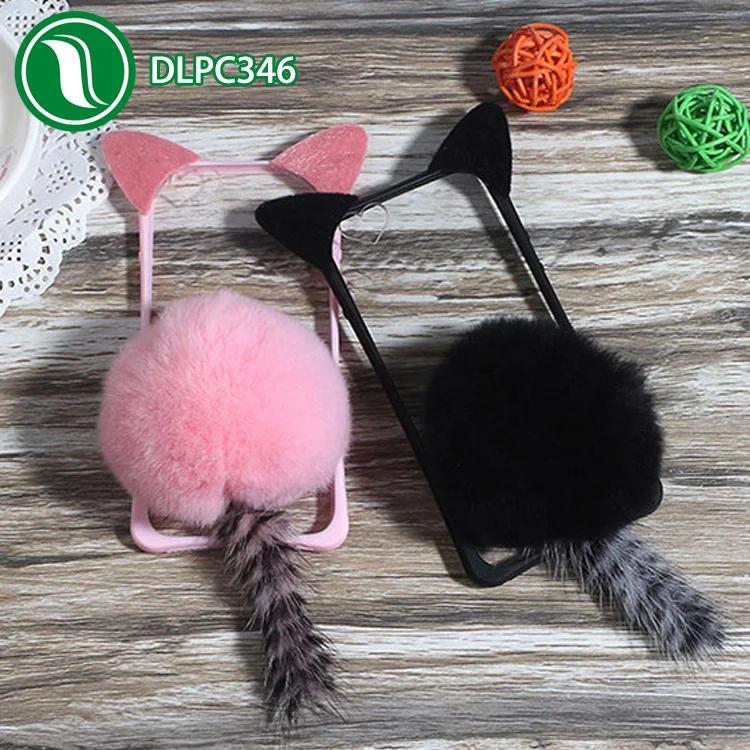 3D Cute Kitty Cat Ear fur case Shockproof Silicone cat shaped ball and tail case plush cat case for iPhone 7