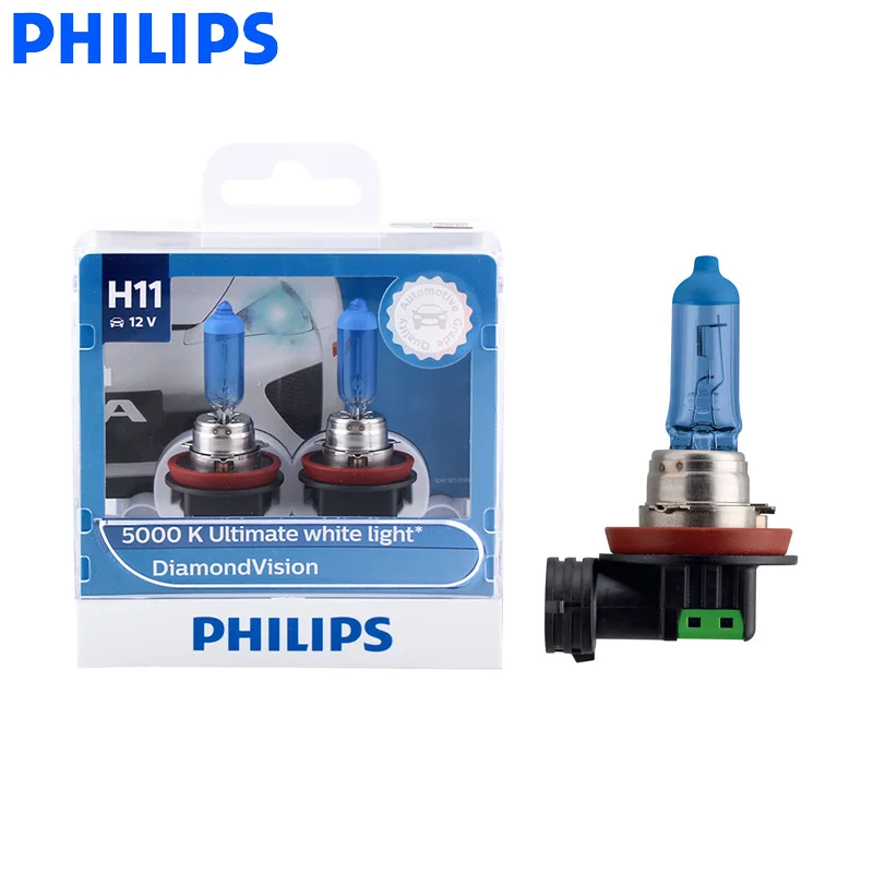 Philips H11 12V 55W Diamond Vision 5000K Super White Light Halogen Bulbs Car Headlight Fog Lamp 12362DV S2, Pair