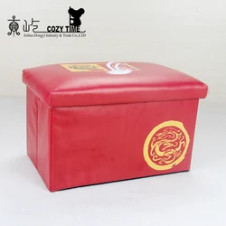 Large Capacity Chinese Style Red Collapsible Leather Pouf And Ottoman