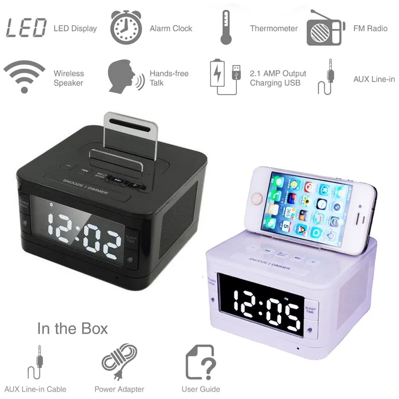 
LCD Speaker with Wireless speaker and Dual Alarm Clock and FM Radio & USB Charger and LCD time display 