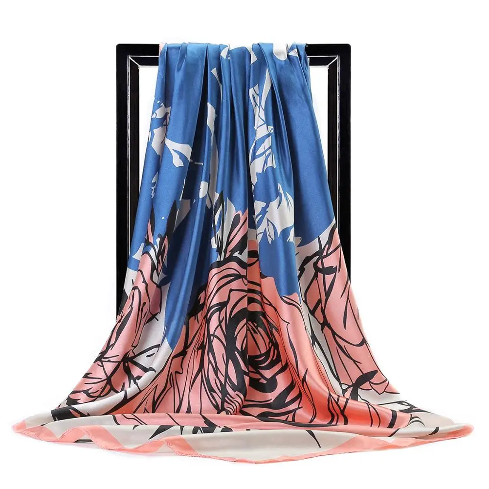 New Silk Scarf for Women Fashion Luxury Brand Floral Painting Shawls Wrap Ladies Hijab Large Square Scarves 90*90cm