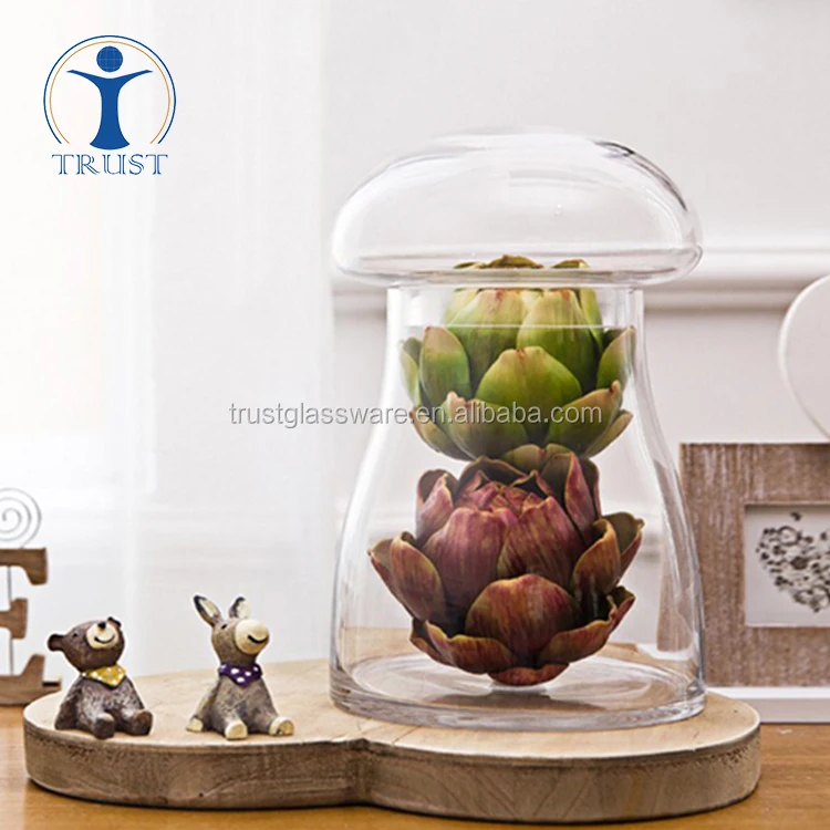 Wholesale Manufacturer Eco-Friendly Food Container Plant Decoration Mushroom Shaped Glass Storage Jar With Lid