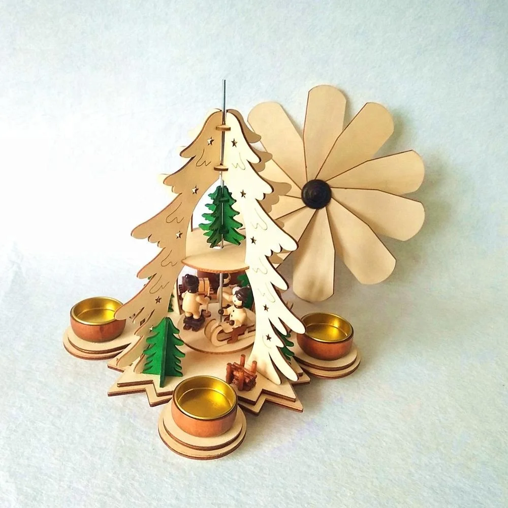 Wooden craft laser cutting Christmas pyramid decoration with tealight holders