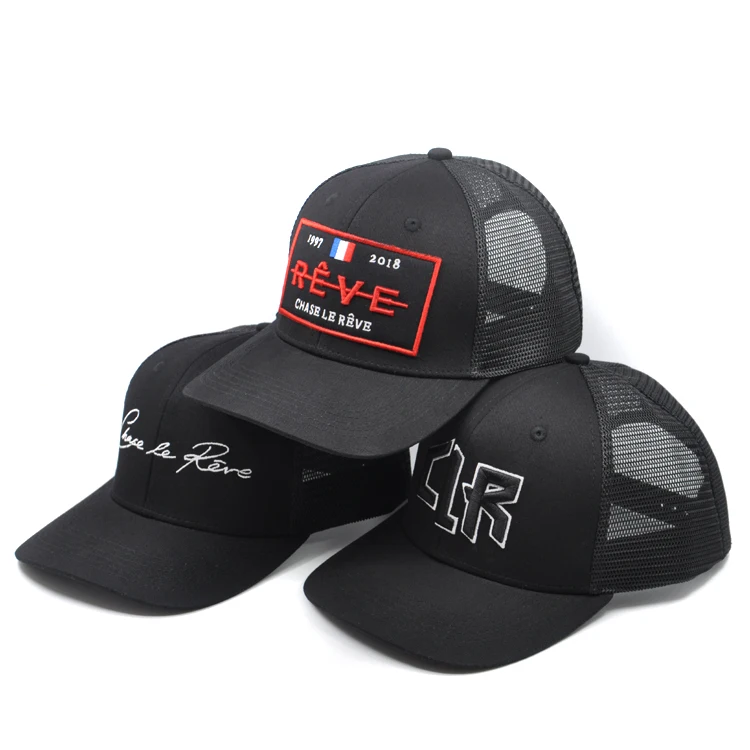 custom high quality applique mens 6 panel trucker hats with embroidery patch logo