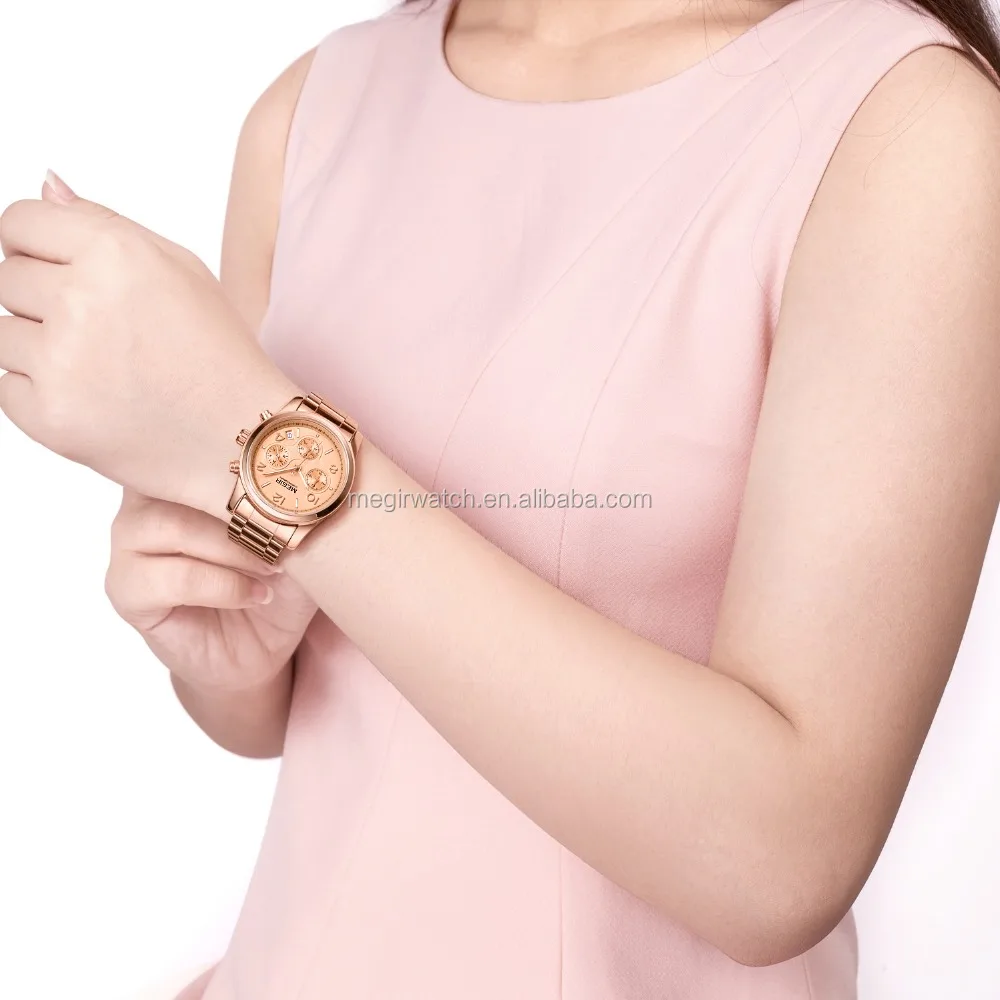 Megir factory girl latest hand watch jam tangan wanita chinese wholesale women wristwatch sports style chrono rose gold watches
