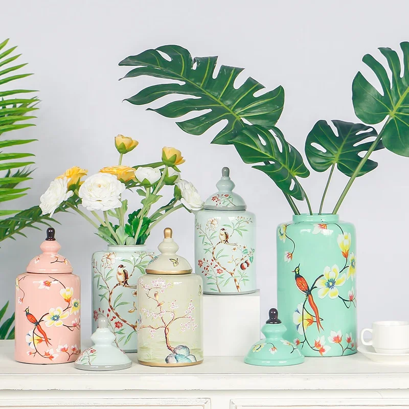 pink ceramic jar with flower and bird painted for hotel or home decoration porcelain holiday gift wholesale