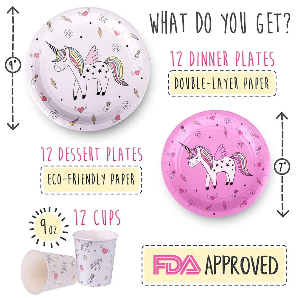  Набор принадлежностей для вечеринки в честь Дня Рождения единорога розовый набор посуды включает одноразовые бумажные тарелки 9 унций чашки соломинки баннеры салфеток