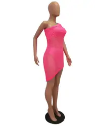 FM-CM554 Sexy Sleeveless one shoulder collar Asymmetrical hollow out Mesh perspective Club Dress