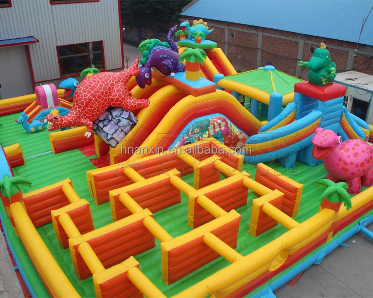 luxury maze playground inflatable dinosaur bouncer with small slide for kids, inflatable playing house tent with arched gate