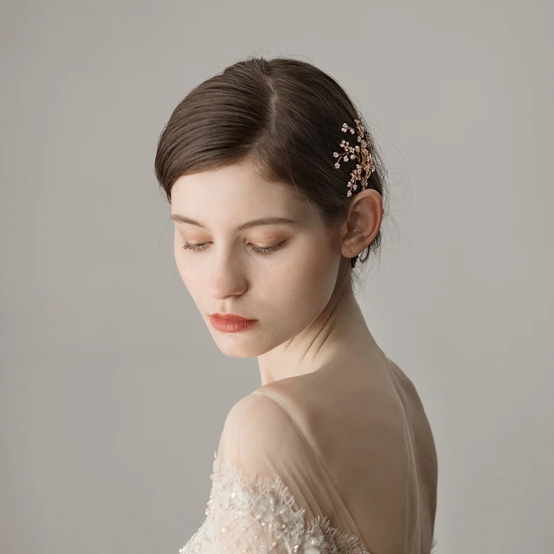 O382 Gold Floral Brass Alloy Freshwater Pearl Wedding Hairclips bridal Hair Accessories