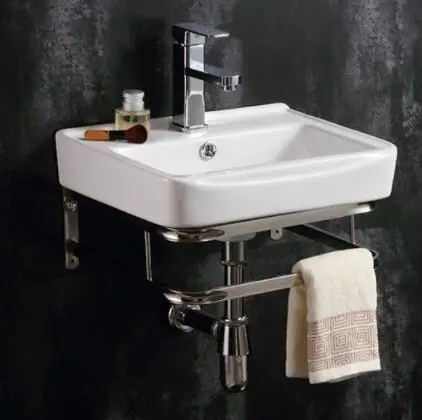 Square Design Ceramic Simple Wall Hung Basin with Stainless Steel Shelf