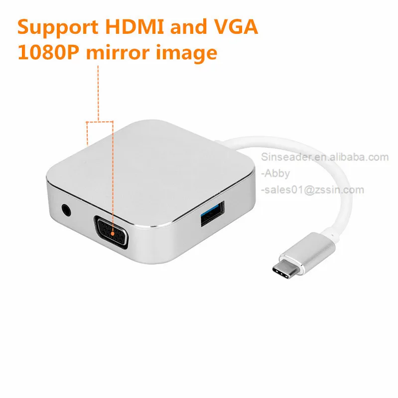 USB C to HDMI+VGA+U3+3.5MM hub high speed 5Gbps data transfer support 4K 30Hz 4 in 1 converter