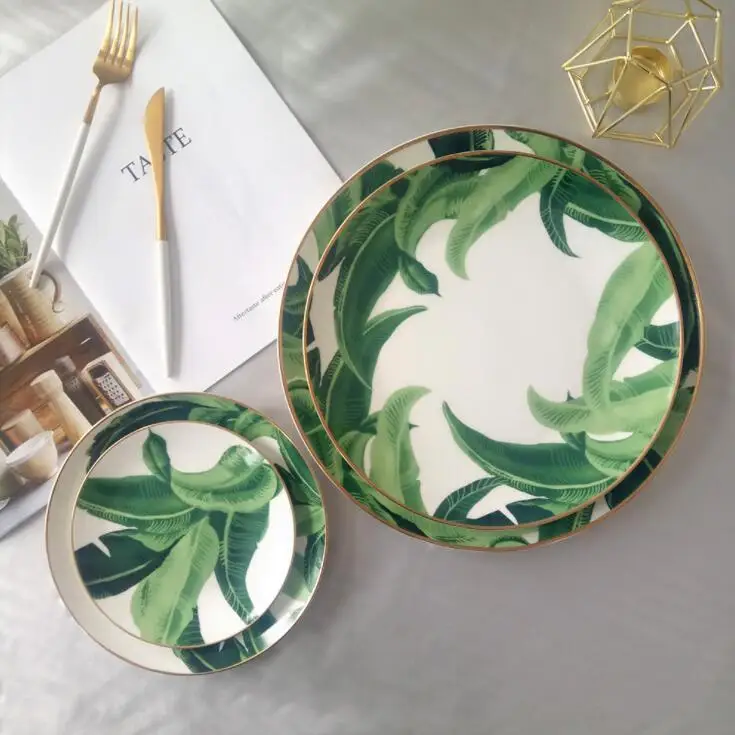 high temperature wholesale white gold rim green banana tree ceramic palm leaf plates