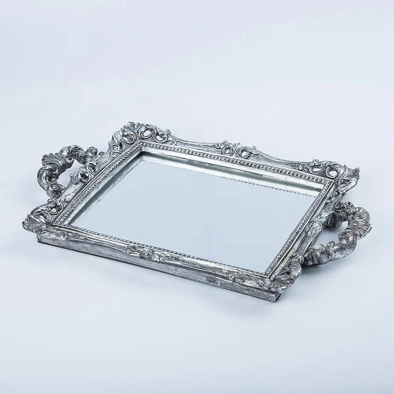 
European Style gold Decoration Custom Hotel Home Decor Antique serving Mirror Square Jewelry Resin Fruit Tray For Wedding luxury 