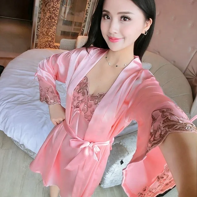 Wholesale Hot Sale Silk Plain Long Sleeve Gown Suit Lady Sexy Satin With Lace Skirts Night Sleeping Robe Sets