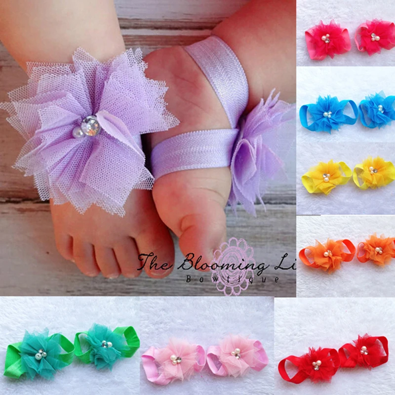 Retail 1set 16color Baby Toddler girls Mini Tull Mesh Pearl Flowers footwear Sandals barefoot shoes photo