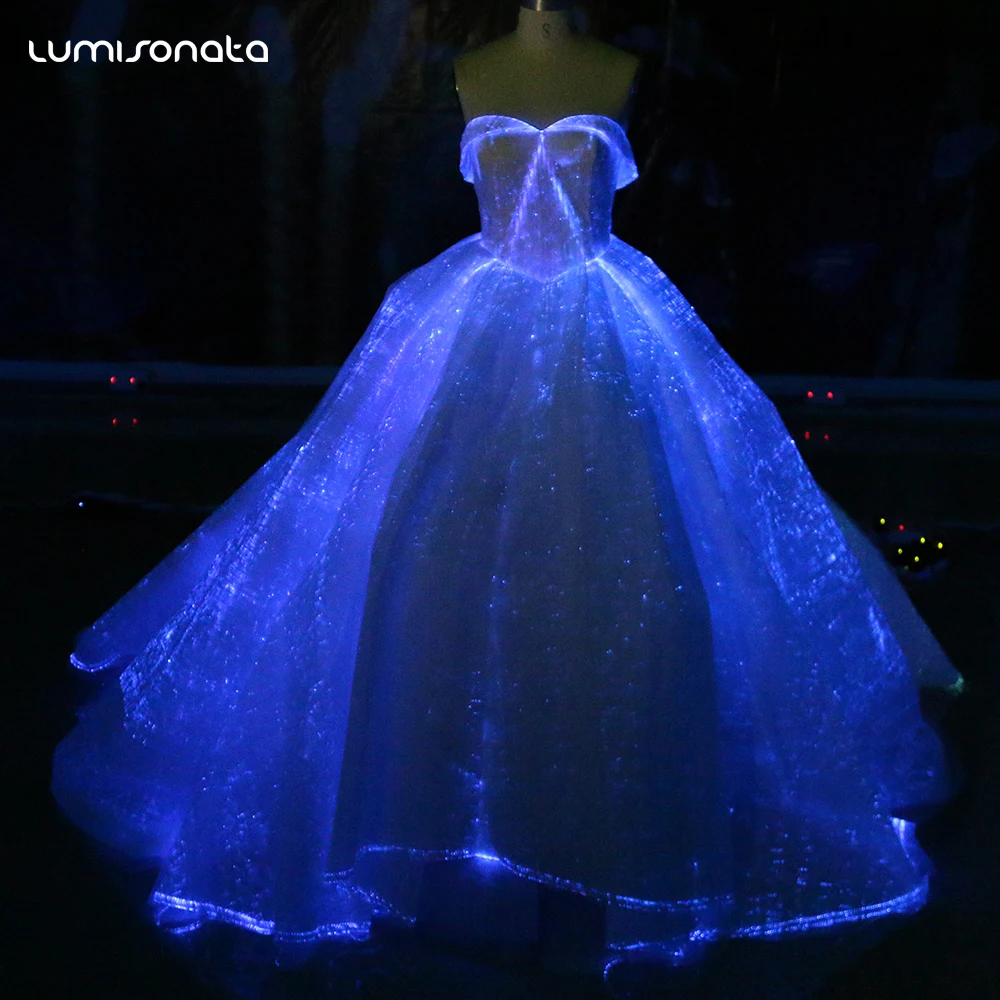 Hotsale RGB LED Light up evening dress Luminous fabric Ball Gown Wedding dress fiber optic dinner gown