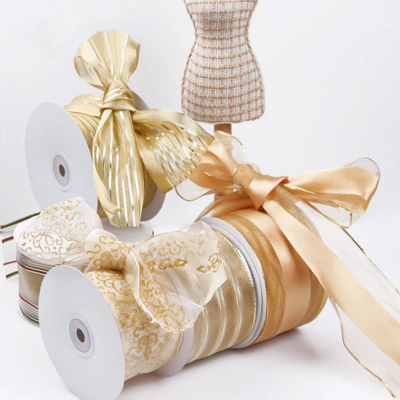 
New Arrived Luxury Gold Series Decorative Wired Organza Ribbon Rolls 