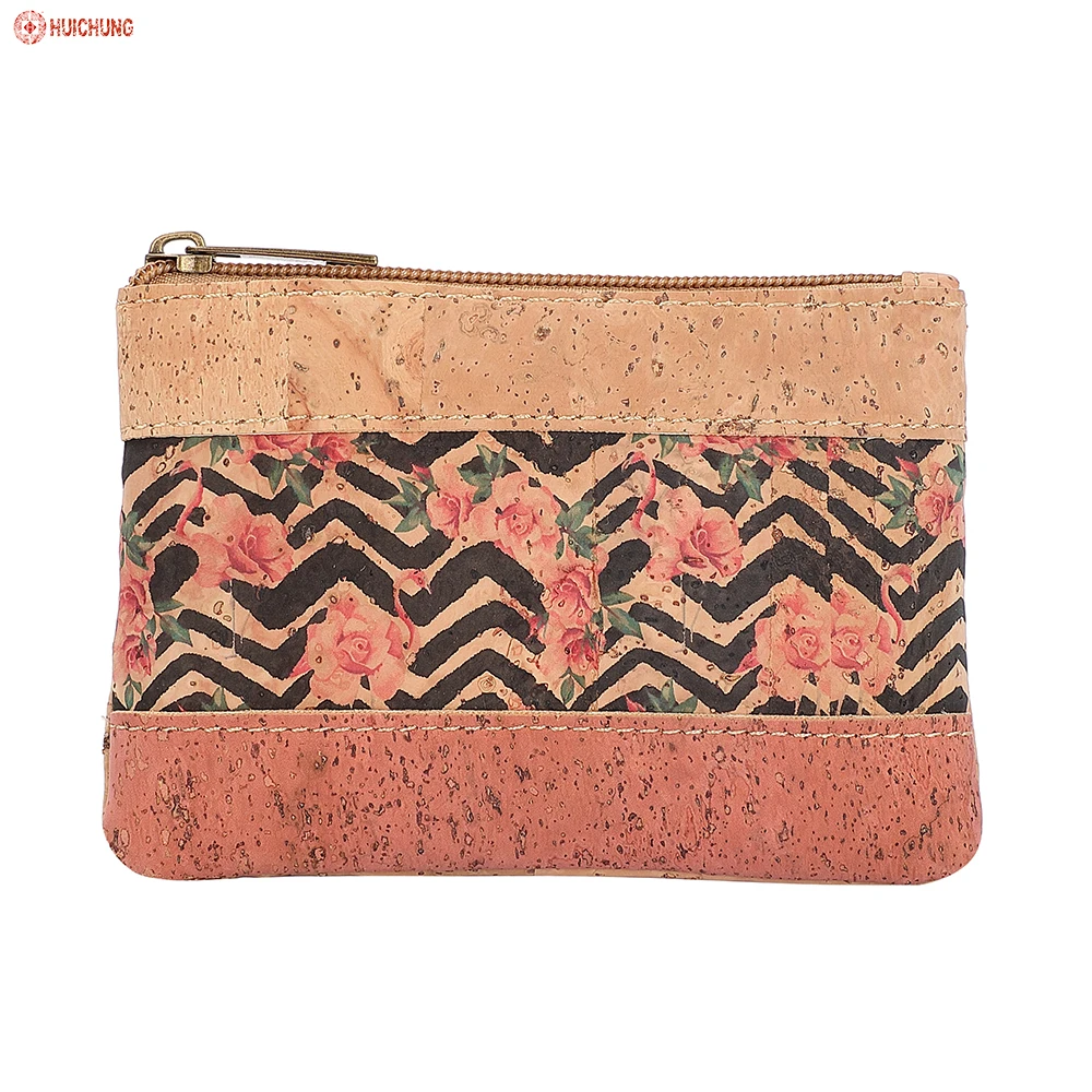 Natural color cork purse zipper clutch bag cork wallet  with flower printing