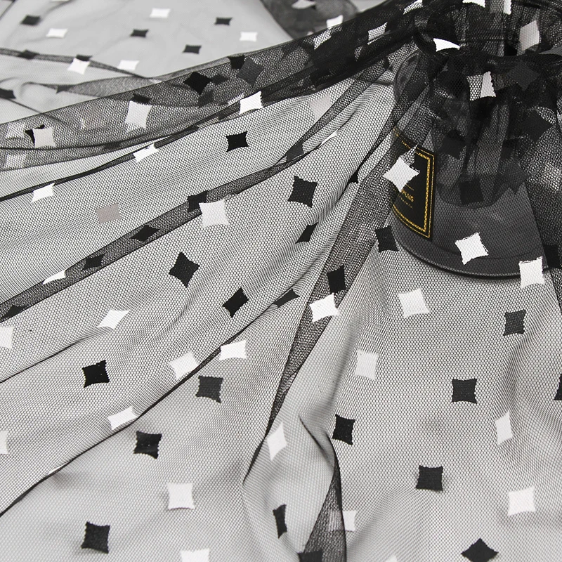
New product hot sale rules geometric fashion shiny diamond black breathable mesh fabric 