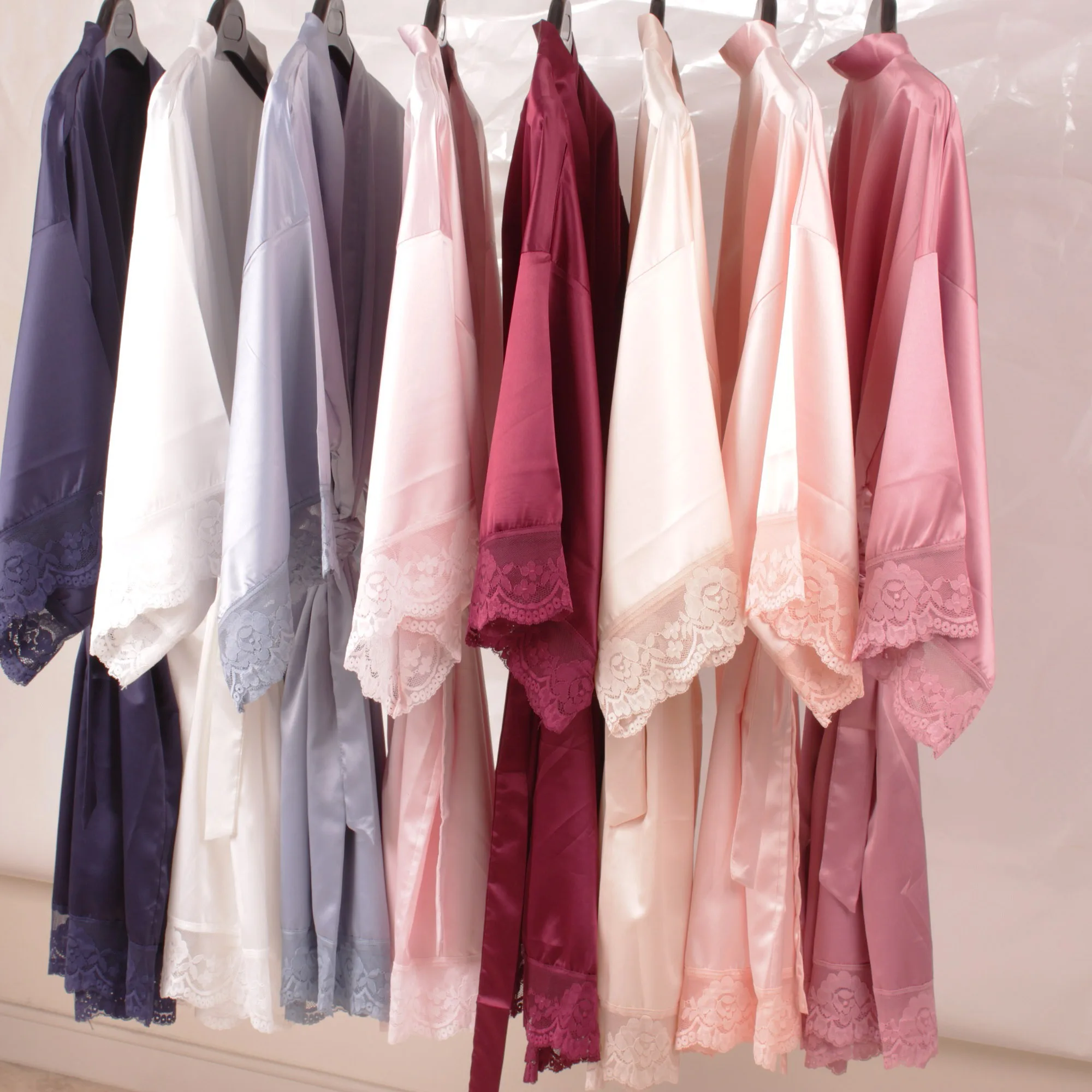 Lace trim solid colors high quality women sleepwear satin bridesmaid robe