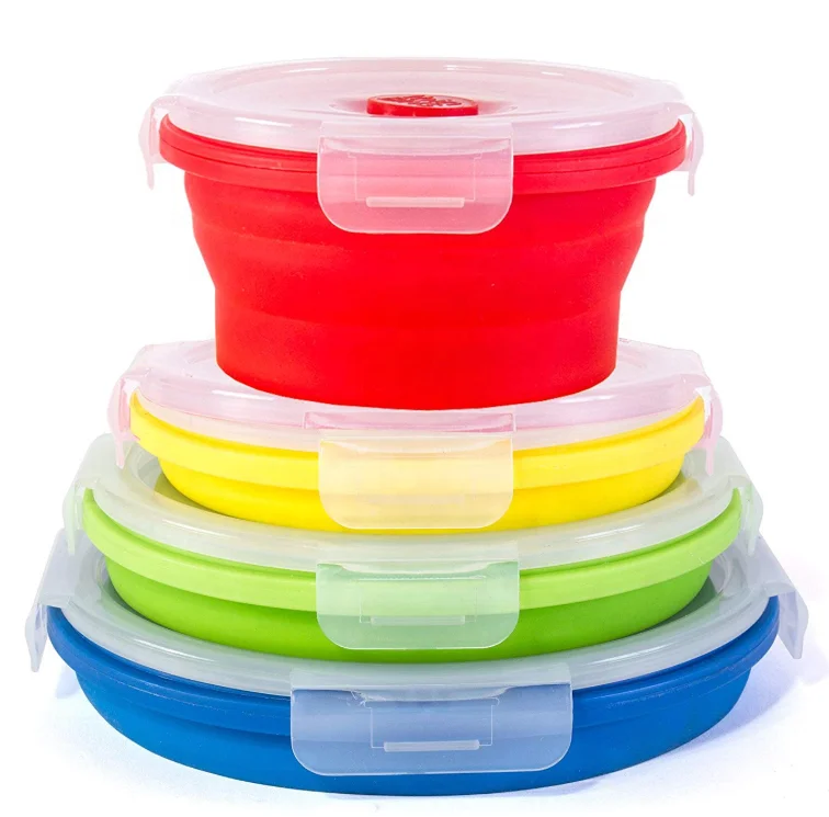 Hot selling BPA Free Microwave Safe  Foldable Round Silicone Food Storage Container, Lunch Box
