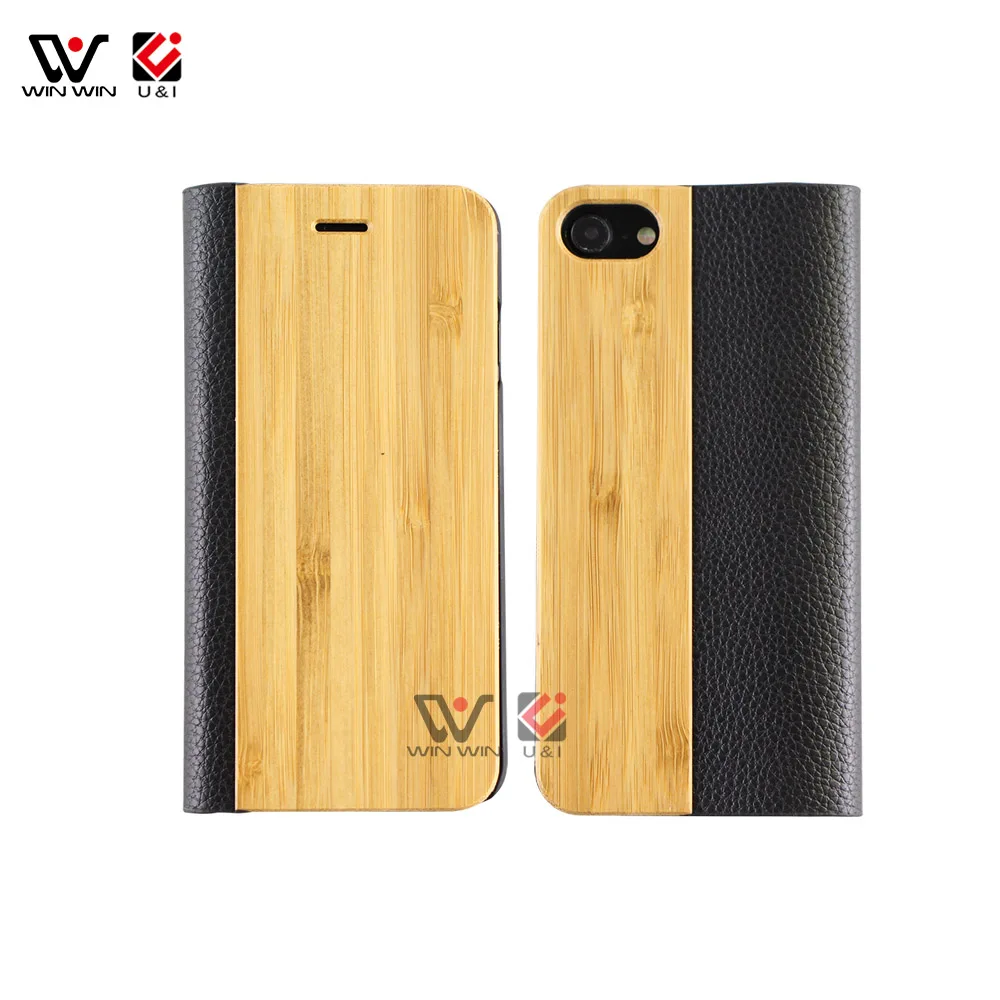 Hot Sale Natural Wood Genuine Leather Flip Mobile Phone Case For iPhone 6 7 8