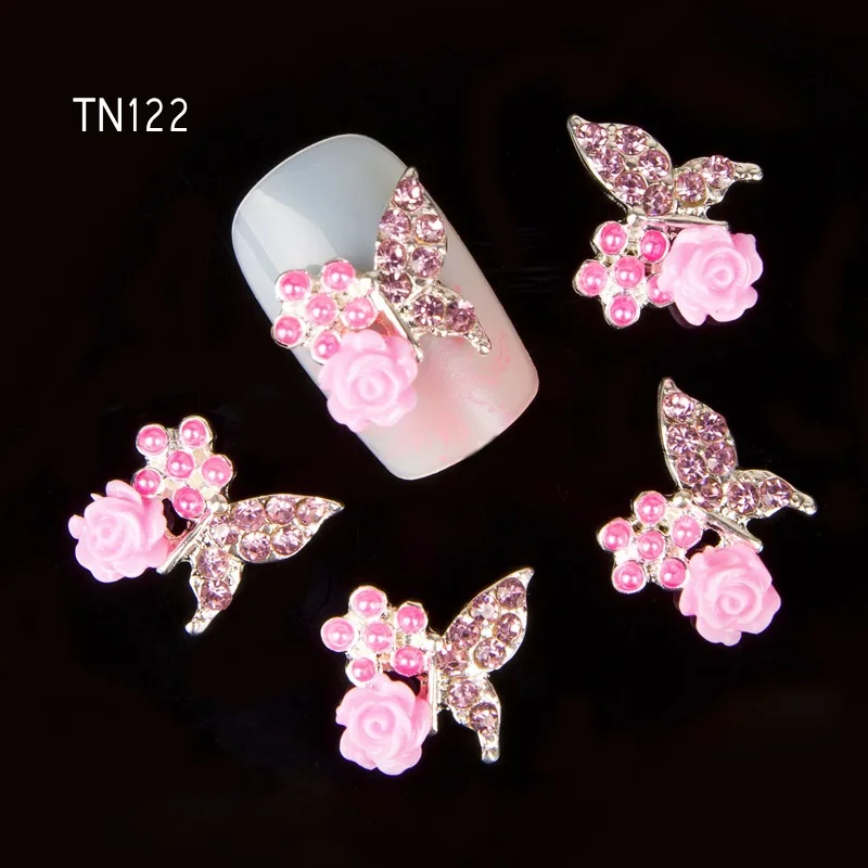 10pc Glitter Butterfly Rhinestones 3d Nail Art Decorations with Rose Alloy Nail Charms Jewelry for Nail