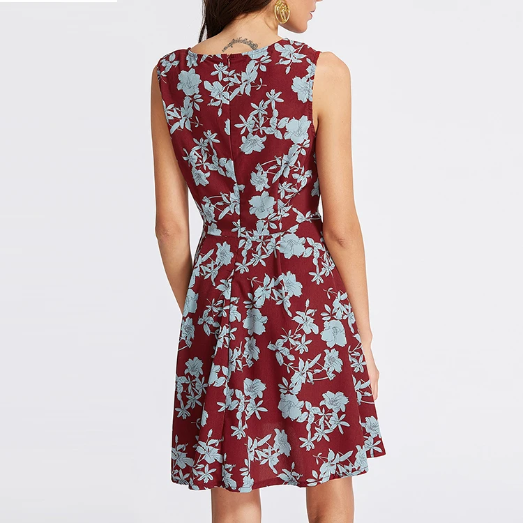 
New Fashion Cutting Women Dresses OEM Skater Burgundy Sleeveless Floral Print V Neck Short Chiffon Dress 