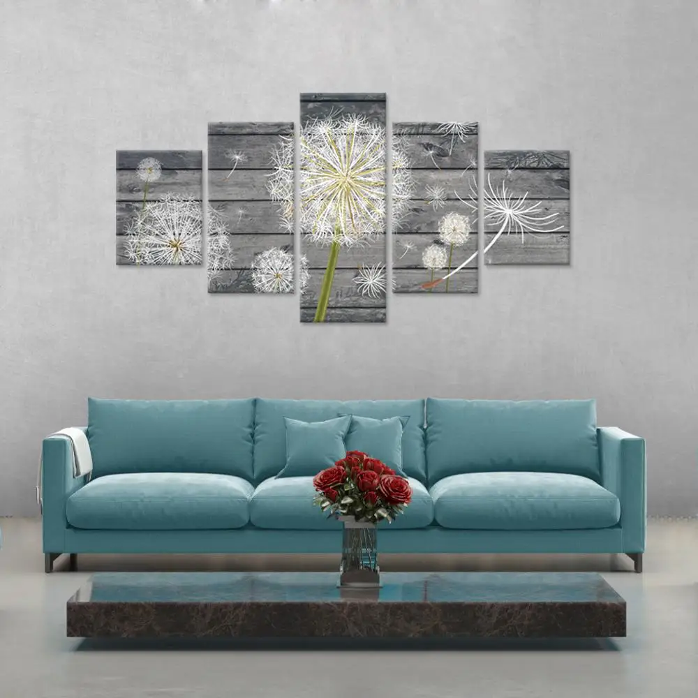 5 Панель Большой Холст стены книги по искусству Одуванчик белый цветок на Винтаж Серый дерево доска задний план деревенский стиль