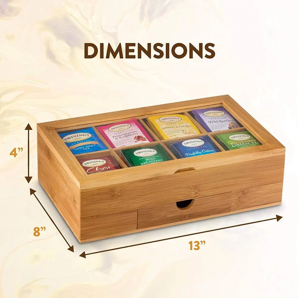 Bamboo Tea Box Organizer - Natural Wood Teabag Holder Organizer - 8 Storage Compartment with Small Drawer