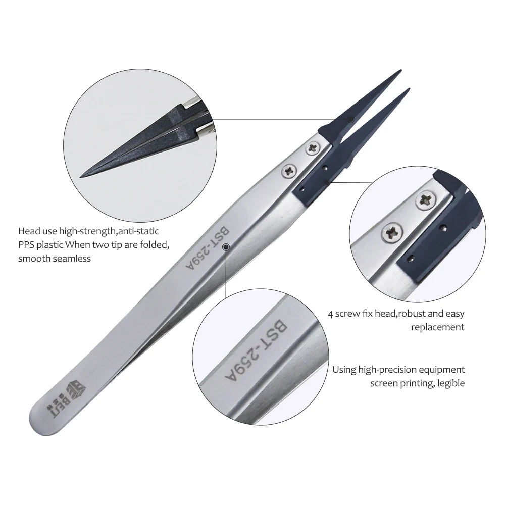 BEST-259A ESD replaceable plastic tipped tweezers for electronic repair