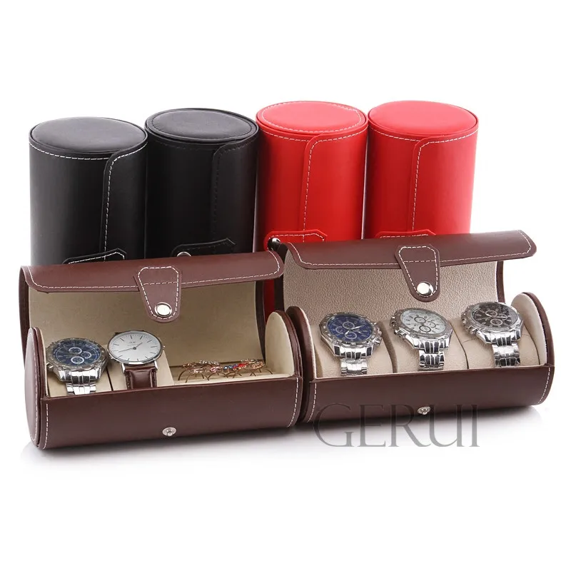 Travel Portable Round Tin Mens Watch Gift Box Leather Rolling Watch Travel Case