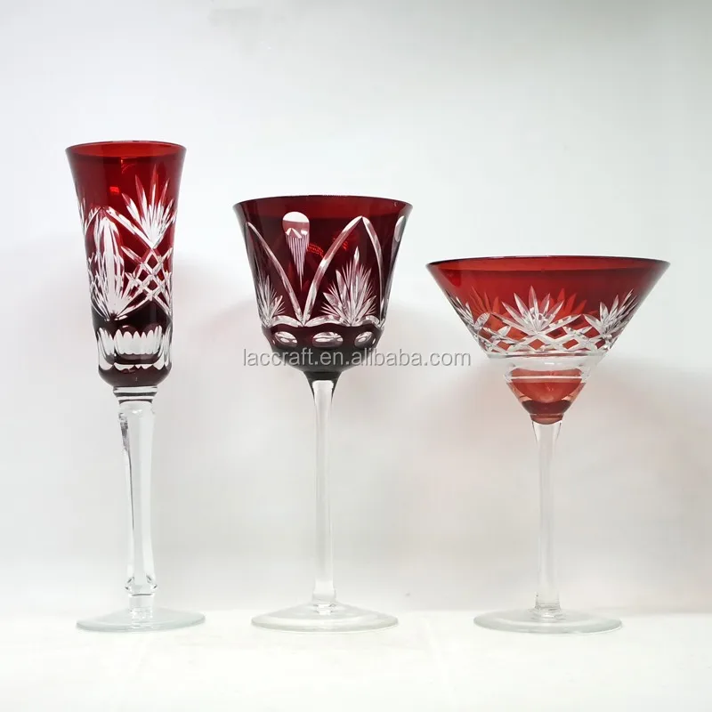 Bohemian Czech Bronze Red Overlay Hand Cut Glass Wine Goblet Stemware