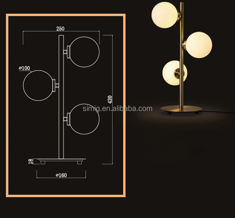 Simig lighting bed side reading room decorative tischlampe modern glass globe golden table lamp light