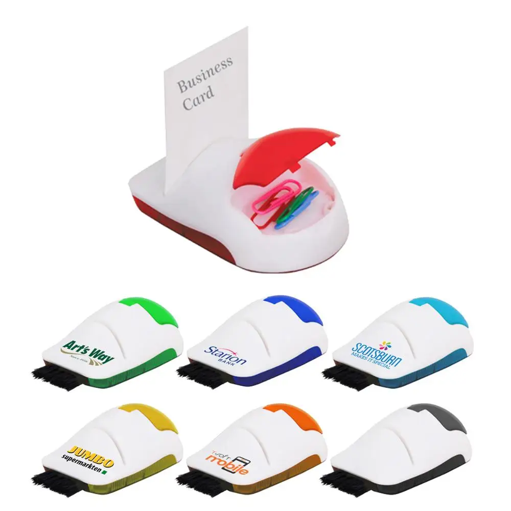  3 in 1 solid white plastic mouse black push keyboard brush business name card holder flip open container office paper clip
