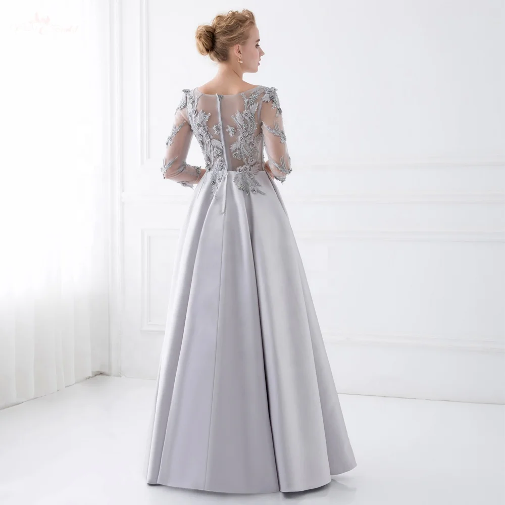 TE018 3D Flowers Beaded Silver Gray Satin Evening Dress Long Sleeve Prom Dress Arabic Evening Dress