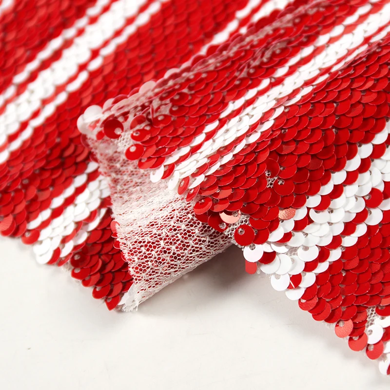 Stylish beautiful red white striped mesh sequin embroidery fabric for women