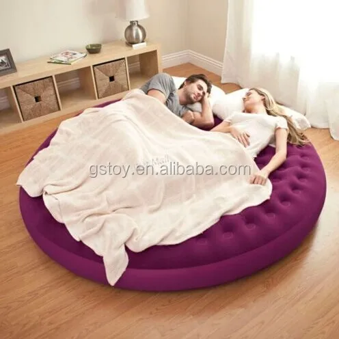 adult inflatable flocked round double air mattress with pillow